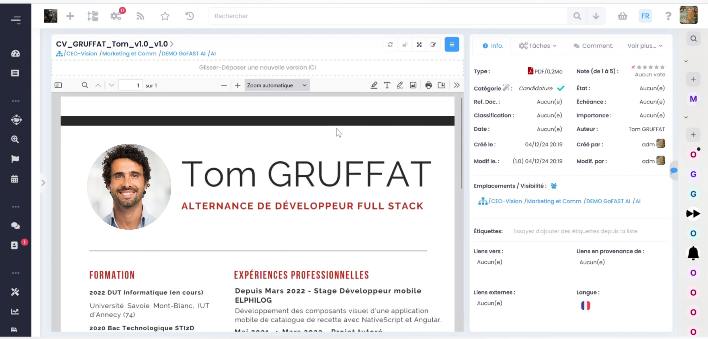 screenshot demonstrating the automated documentation categorization