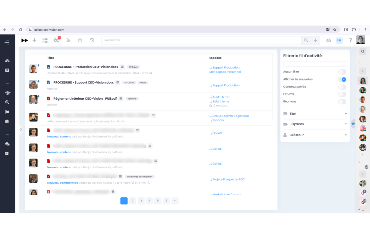 Vue du fil d'activité sur GoFAST - Retrouvez les documents récemment créés et modifiés 