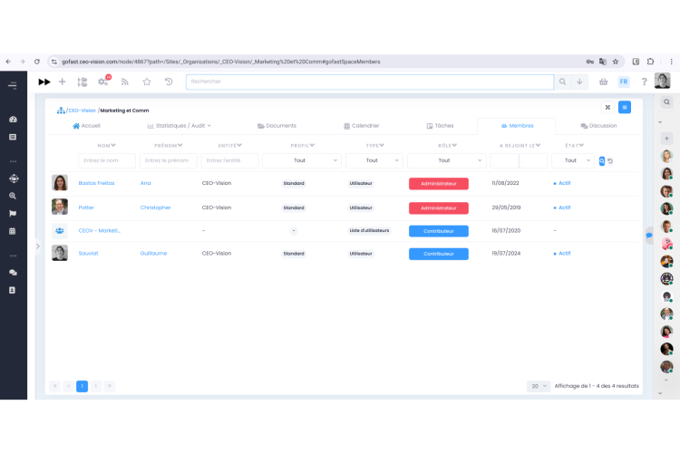 Une gestion des droits et des membres d'un espace GoFAST